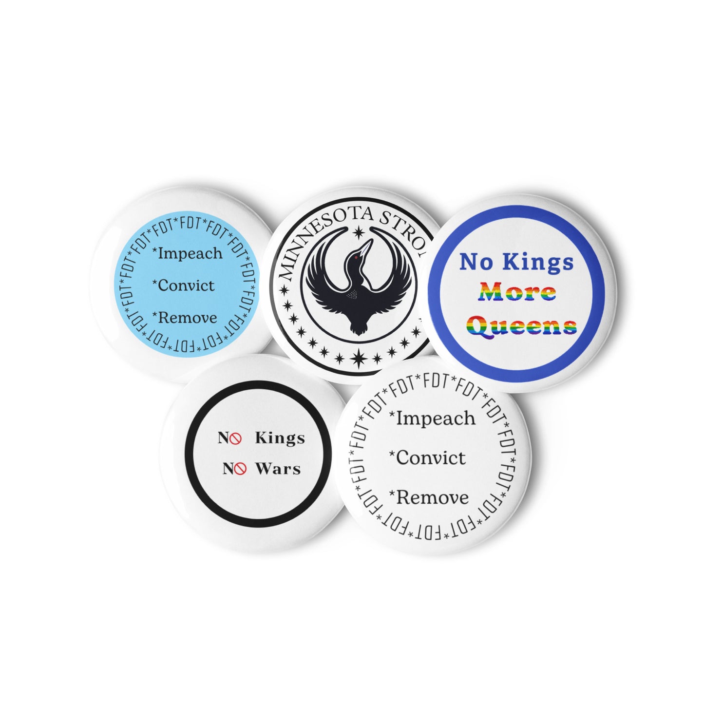 Multiple Protest Pins, No Kings, Impeach, Miinnesota Strong
