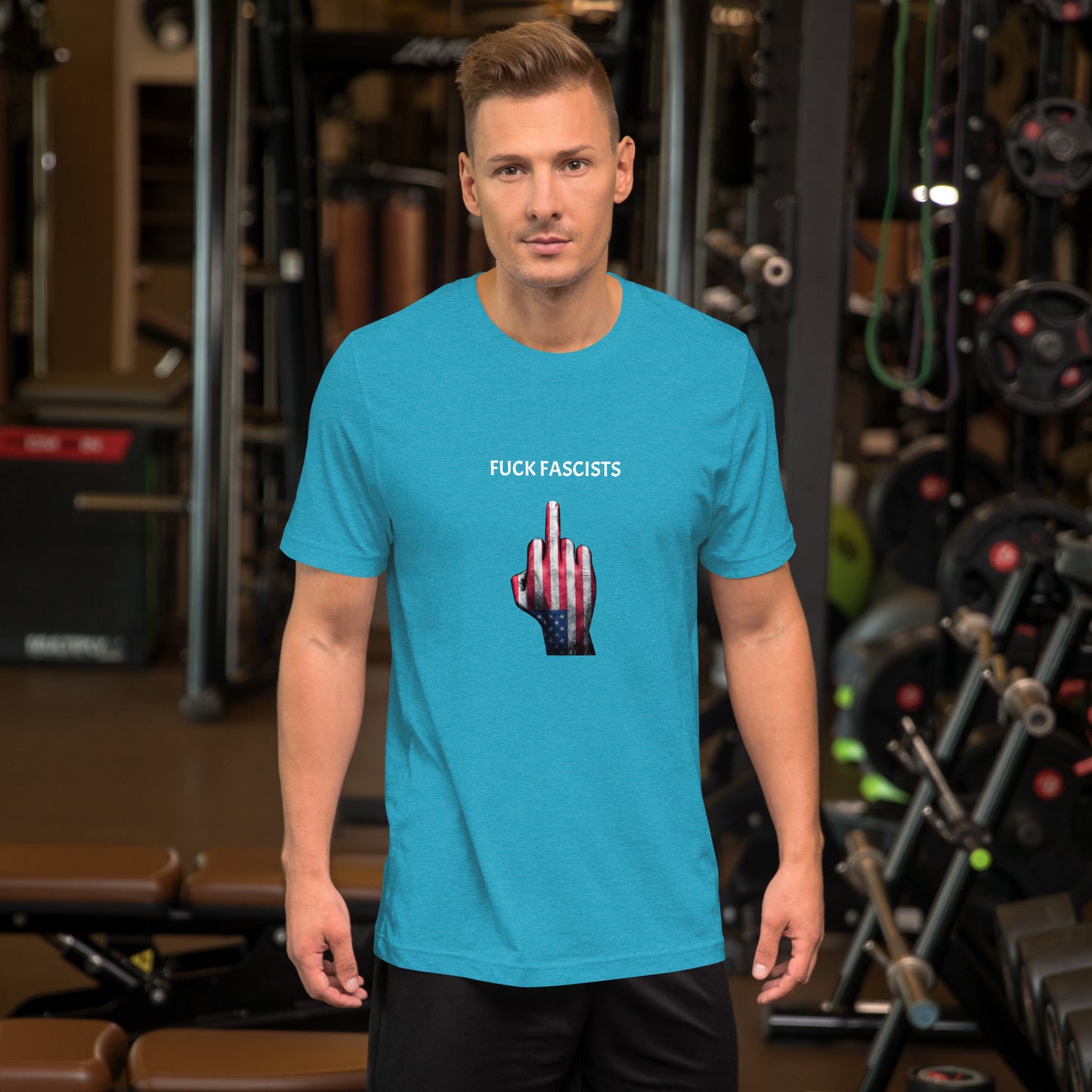 Aqua Fuck Fascists Tee Shirt with Flag Covered Hand Flipping the Middle Finger