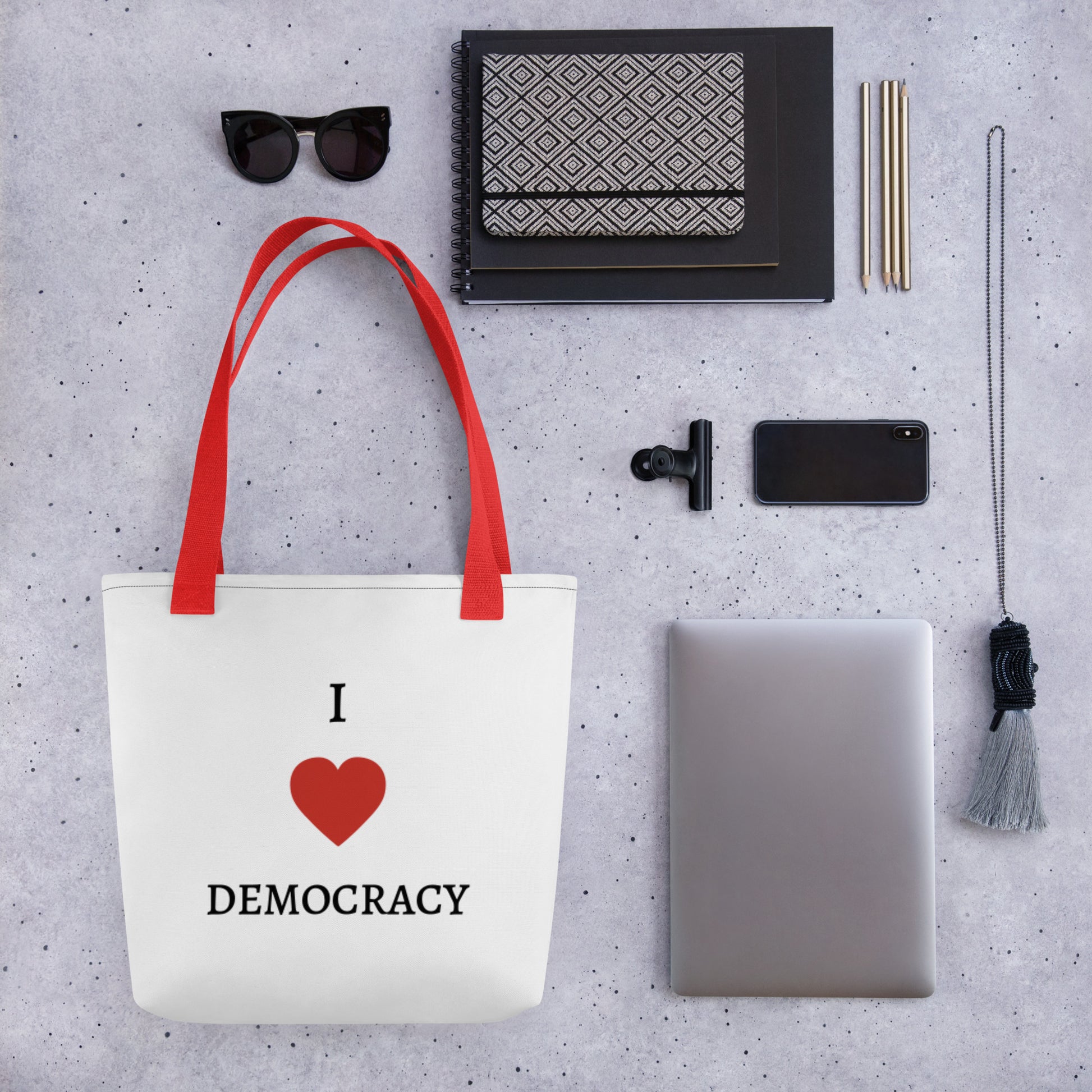 I Love Democracy Tote Bag with Red Handles