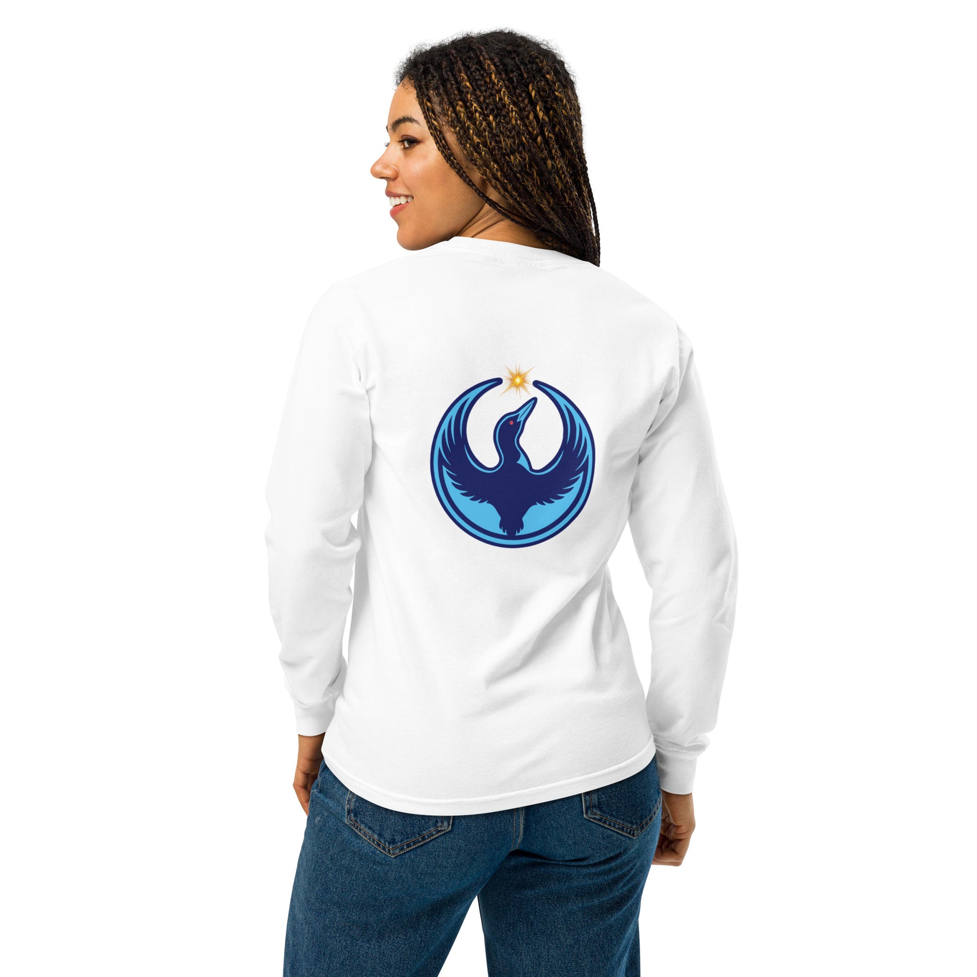 White Long Sleeve Tee with Rebel Loon Design with a Star on Front and Back
