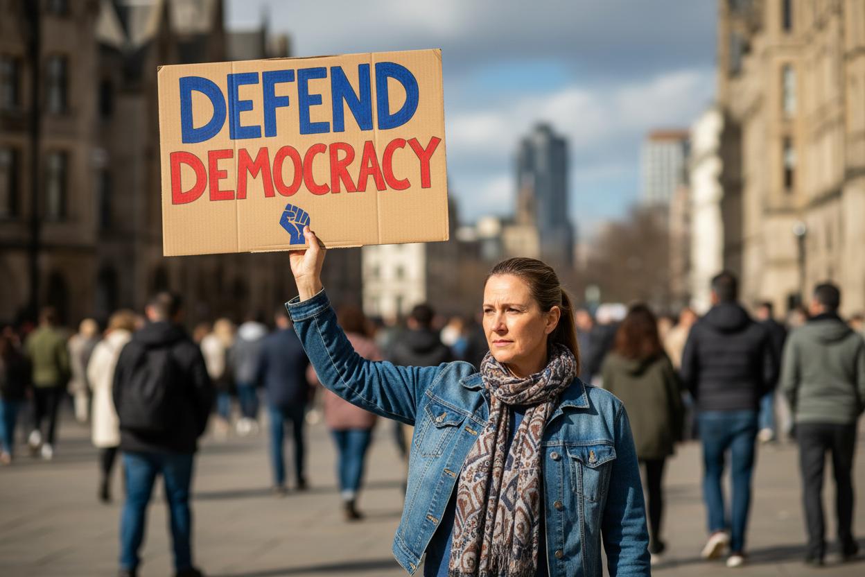 Woman holding defend democracy sign